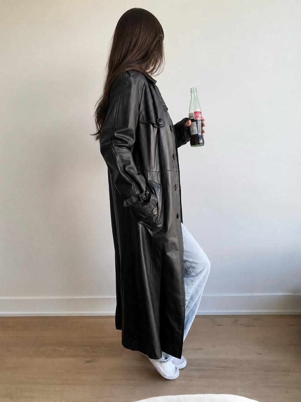 Vintage Long Black Leather Trench Coat jacket